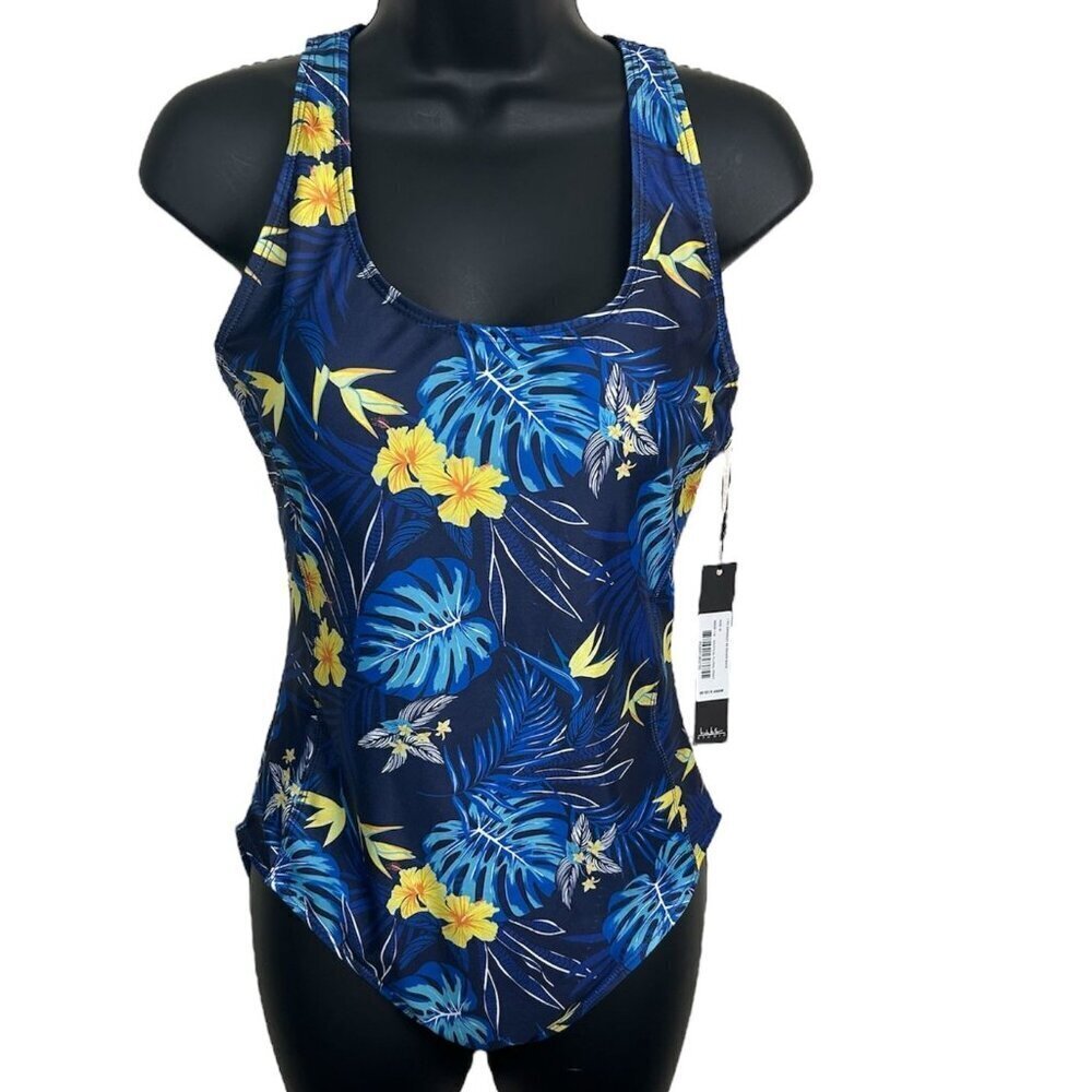 Nicole Miller Nautical Floral Print Racer Back One Piece Swimsuit M